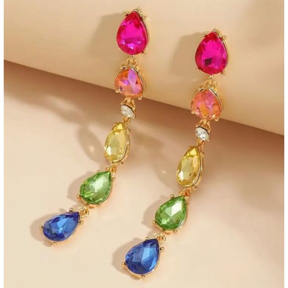 Long Raindrop Shaped Colored Rhinestones 3.86" Earrings - Picture 2 of 8